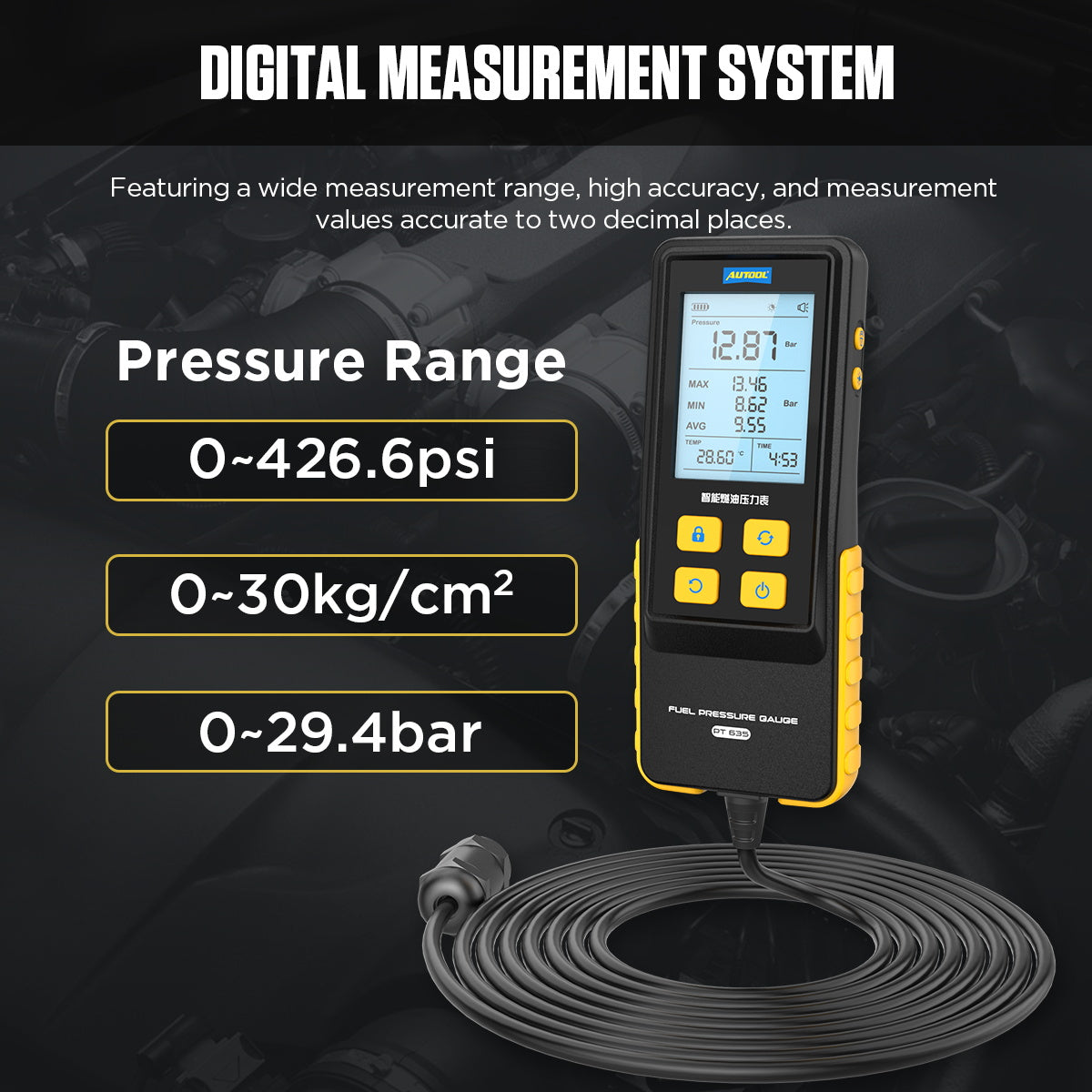 AUTOOL PT635 Fuel Pressure Gauge(Hight-end Version) 0-426 PSI Digital Display Automotive Tool for Motorcycle Car Truck Autool