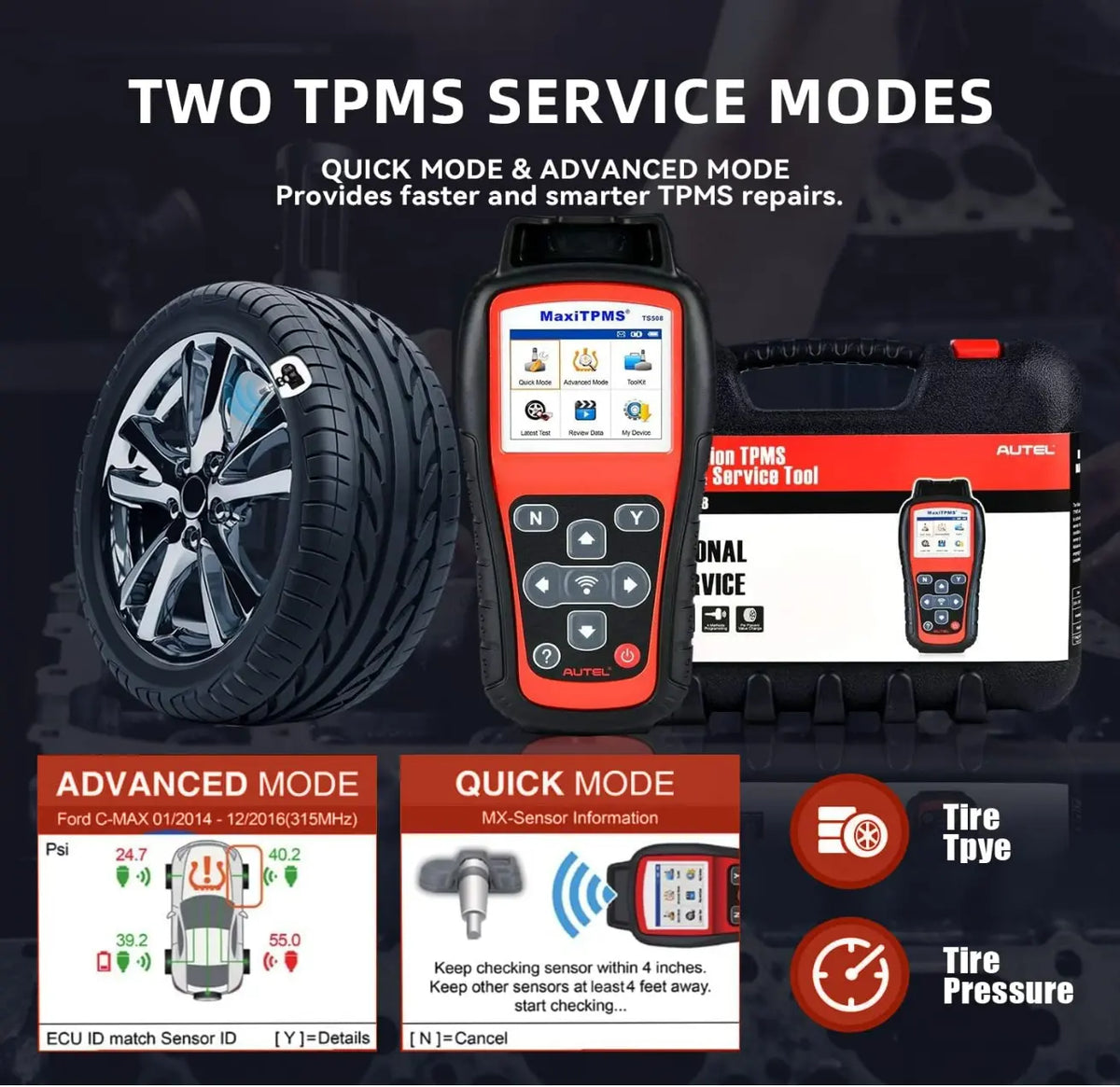 Autel MaxiTPMS TS508WF Relearn Tool (Original 2023 Newest), Program MX-Sensors(315/433 MHz), Activate/Relearn All Sensors, TPMS Reset, Read/Clear TPMS DTCs, Key Fob Testing - FairTools